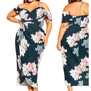 City Chic emerald off the shoulder Faux wrap dress